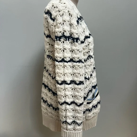 Chic Sandro Cream and Navy Knit Cardigan L - Picture 3 of 10